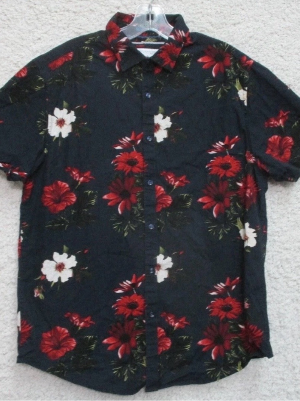 Denim & Flower Black Short-Sleeve Button-Up Shirt with Red & White Floral Print